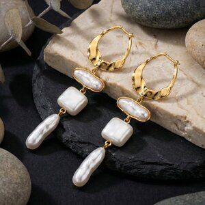 Gold Pearl Drop Earrings, Statement Dangle Earrings, Boho Chic Bridal Jewelry